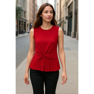 New DKNY Red sleeveless knot front pleated career blouse size Medium